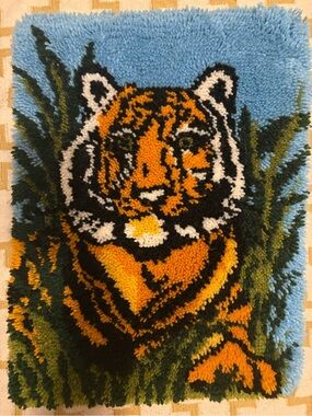 70s Vintage Handmade Latch Hook Tiger Wall Hanging - Orange & Blue
